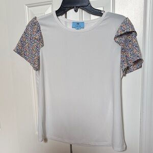 CeCe White Tee with Colorful Floral Sleeves